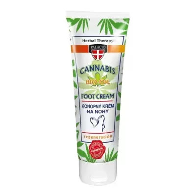 Creme para os pés com óleo de cannabis em tubo branco com folhas verdes e texto em inglês e checo