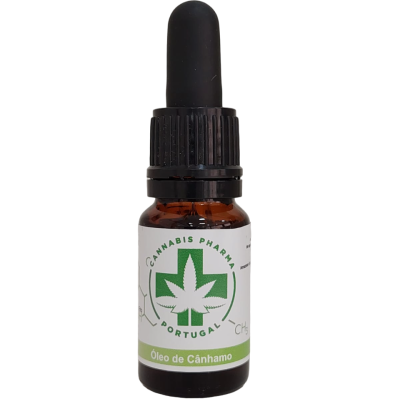 frasco de óleo de cânhamo com conta-gotas e rótulo branco e verde
