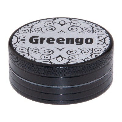 Triturador metálico preto com tampa decorada e texto Greengo