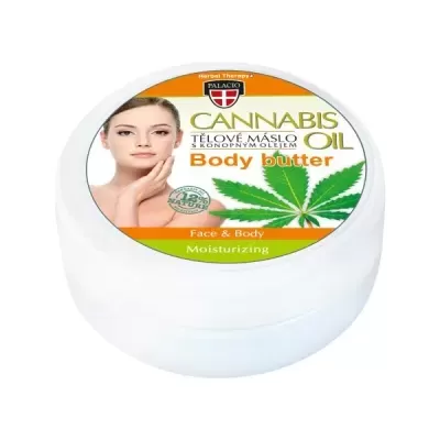 Frasco branco de body butter com rótulo de cannabis e imagem de rosto feminino.