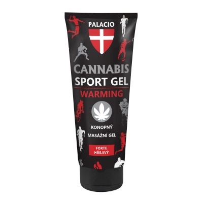 Tubo preto de gel desportivo com texto e silhuetas vermelhas e brancas