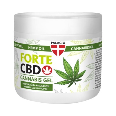 Gel cannabis CBD forte em embalagem branca com rótulo verde e branco e folhas de cannabis desenhadas