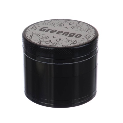 Recipiente preto com tampa cinzenta e texto Greengo