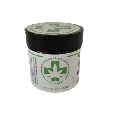 Frasco branco com tampa preta de cápsulas CBD Cannabis Pharma Portugal