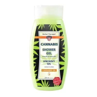 Frasco verde de gel de banho Cannabis com rótulo preto e texto