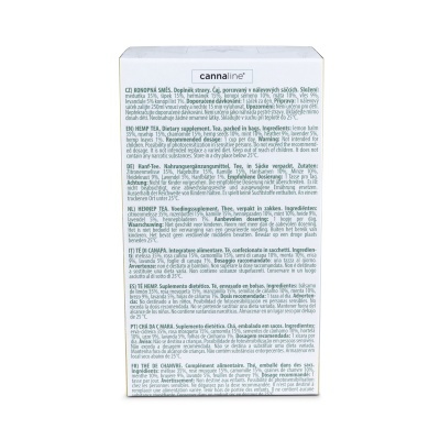 Embalagem branca de suplemento dietético Tea da Cannaline com texto informativo