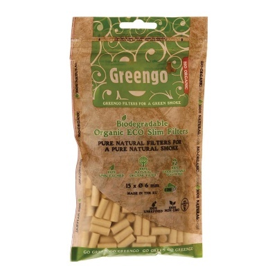 Pacote de filtros biodegradáveis orgânicos ECO Slim da marca Greengo em saco castanho e verde