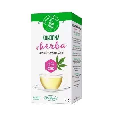 Embalagem de chá Konopná herba com 4% CBD e chávena de chá