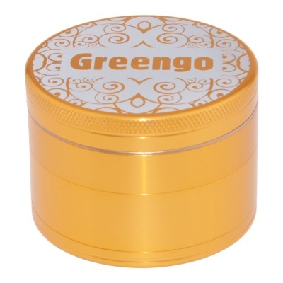 Recipiente redondo laranja metálico com tampa branca e padrão dourado com texto Greengo
