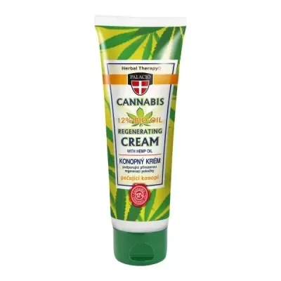 Bisnaga de creme regenerador de cannabis com tampa verde e rótulo amarelo e verde