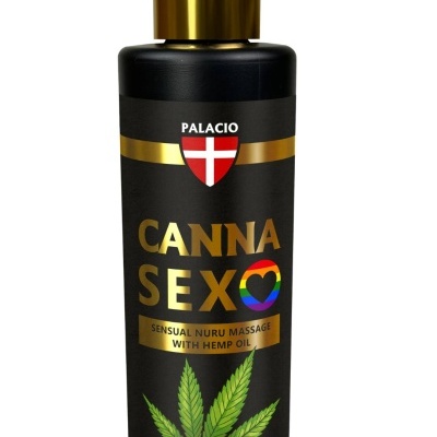 Frasco preto com tampa dourada e texto CANNA SEXO com folha de cânhamo.