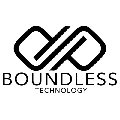 Logotipo preto da Boundless Technology com símbolo abstrato e texto