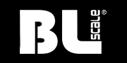 Logótipo da marca BL Scale em branco sobre fundo preto
