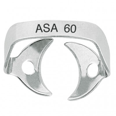 Prendedor metálico prateado com texto ASA 60