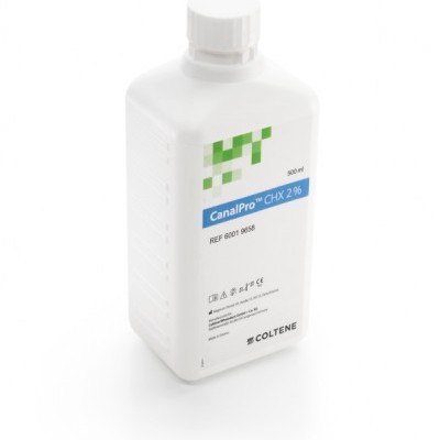 Frasco branco de plástico com rótulo CanalPro CHX 2 96 da Coltene