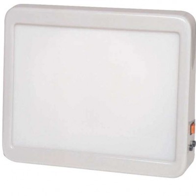 Painel luminador retangular com moldura cinzenta clara e botão laranja na lateral