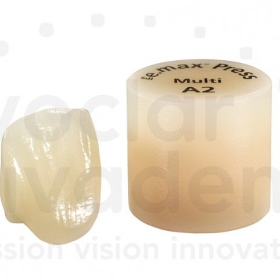 Coroa dental cerâmica translúcida com cilindro opaco rotulado Empress Multi A2