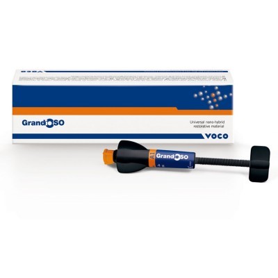 Material restaurador GrandioSO da VOCO com embalagem e seringa em azul, branco e laranja