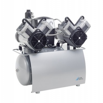 Compressor de ar metálico cinza com dois motores e ventoinhas pretas