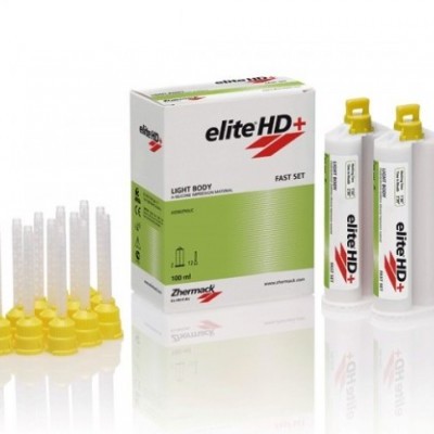 Conjunto dental elite HD+ com embalagens e cápsulas amarelas em fundo branco