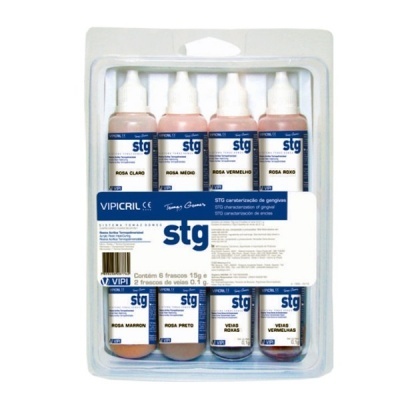 Embalagem com oito frascos de pigmentos para caracterização gengival stg