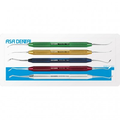 Conjunto de instrumentos dentais metálicos coloridos ASA DENTAL em embalagem