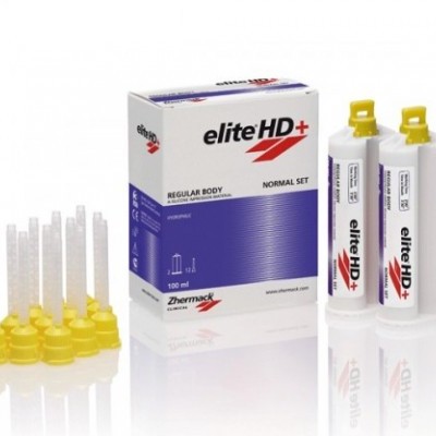 Produto dental eliteHD+ com embalagem, dois cilindros e acessórios amarelos em fundo branco