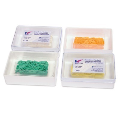 Conjunto de cunhas interdentárias coloridas em caixas transparentes