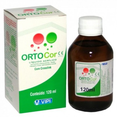 Frasco de líquido acrílico Ortocor com caixa verde e branca