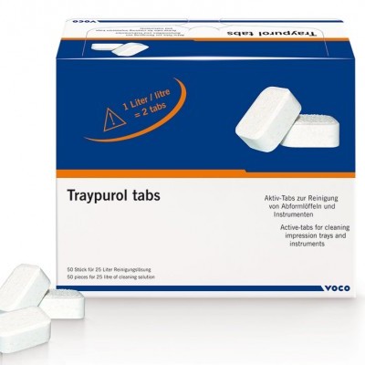 Embalagem azul e branca com pastilhas brancas retangulares, texto Traypurol tabs