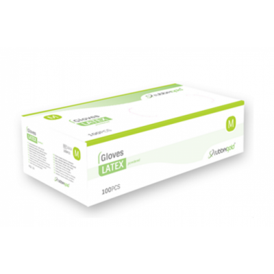 Caixa de luvas de látex tamanho M com design branco e verde