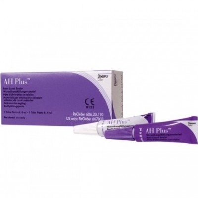 Caixa e tubo roxo e branco do produto A H Plus para uso dentário