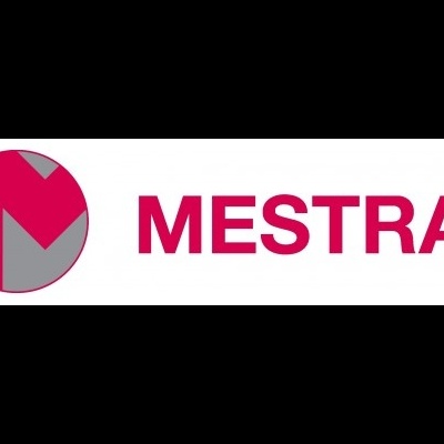 Logotipo MESTRA com símbolo circular e texto rosa