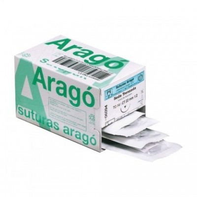 Caixa branca e verde de suturas Aragó com embalagens individuais