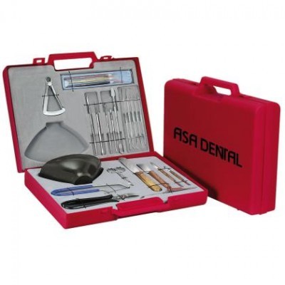 Kit de instrumentos dentais em estojo vermelho ASA DENTAL aberto e fechado