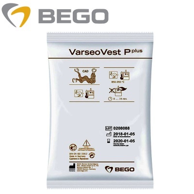 Pacote branco do produto VarseoVest P plus da BEGO com instruções gráficas e informações de lote e validade