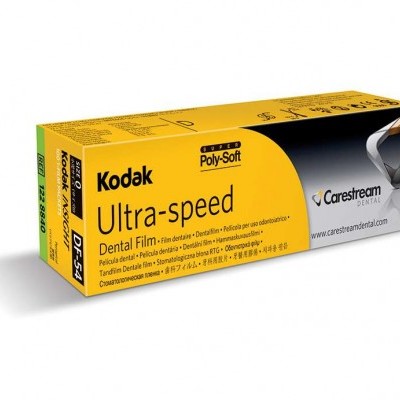 Caixa de película dentária Kodak Ultra-speed Poly-Soft Dental Film em amarelo e preto