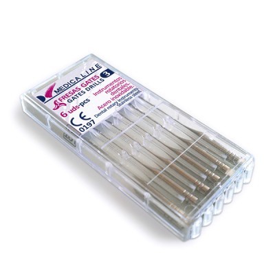 Caixa transparente com 6 fresas Gates 3 para uso dentário