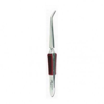 Pinça metálica com ponta curvada e cabo antiderrapante vermelho