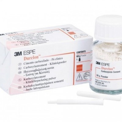 Embalagem e frasco de cimento carboxilato 3M ESPE Durelon com pó branco e tampa branca