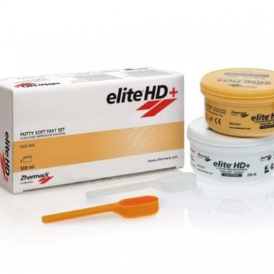 Conjunto Elite HD+ com embalagens branca e amarela, espátulas branca e laranja, caixa branca com faixa amarela