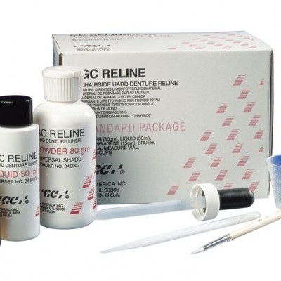 Conjunto de produtos GC RELINE para reline de dentadura dura com frascos, aplicadores e embalagem branca