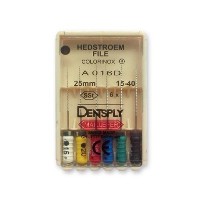 Pacote plástico com seis limas dentárias Hedstroem multicoloridas da Dentsply Maillefer