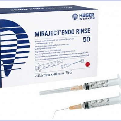 Caixa e seringas do produto MIRAJECT ENDO RINSE 50 da HAGER WERKEN