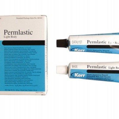 Tubos e embalagem de material dentário Permlastic Kerr em azul, branco e preto