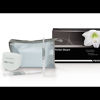 Conjunto de branqueamento dentário VOCO Perfect Bleach com seringa, contenção, estojo e caixa.