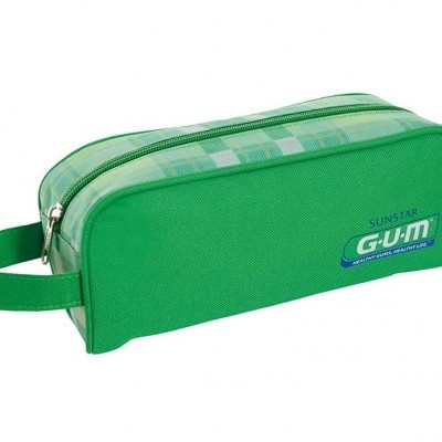 estojo verde com padrão xadrez e texto SUNSTAR G•U•M