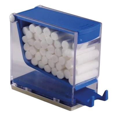 Organizador transparente e azul com cotonetes brancos