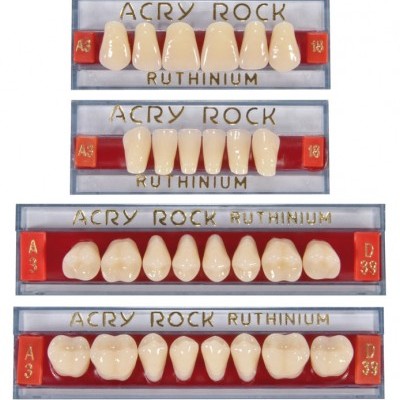 Conjunto de próteses dentárias artificiais ACRY ROCK RUTHINIUM em suporte de plástico transparente