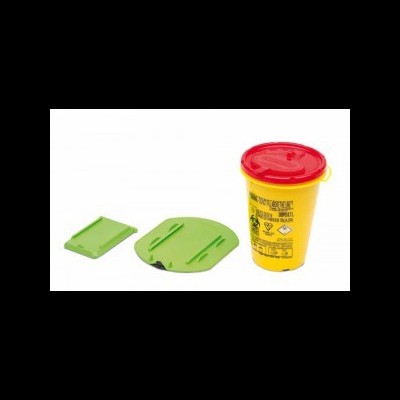 Recipiente amarelo com tampa vermelha e componentes verdes